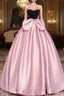 Black Velvet and Pink Satin Long Formal Prom Dress with Bow, Beautiful A-Line Strapless Formal Party Dress