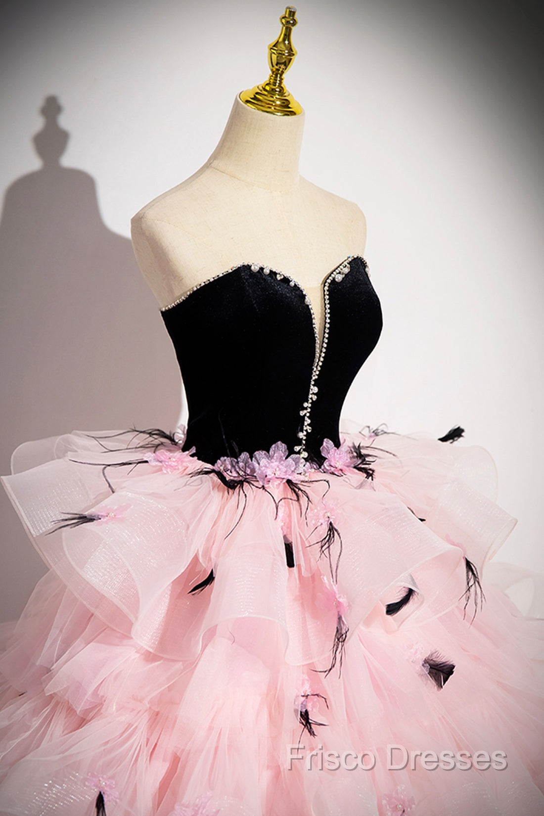 Black Velvet And Pink Tulle Strapless Ball Gown, Pink Backless Ruffles Formal Dress