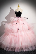 Black Velvet And Pink Tulle Strapless Ball Gown, Pink Backless Ruffles Formal Dress