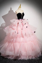 Black Velvet And Pink Tulle Strapless Ball Gown, Pink Backless Ruffles Formal Dress