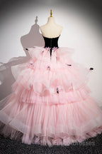 Black Velvet And Pink Tulle Strapless Ball Gown, Pink Backless Ruffles Formal Dress