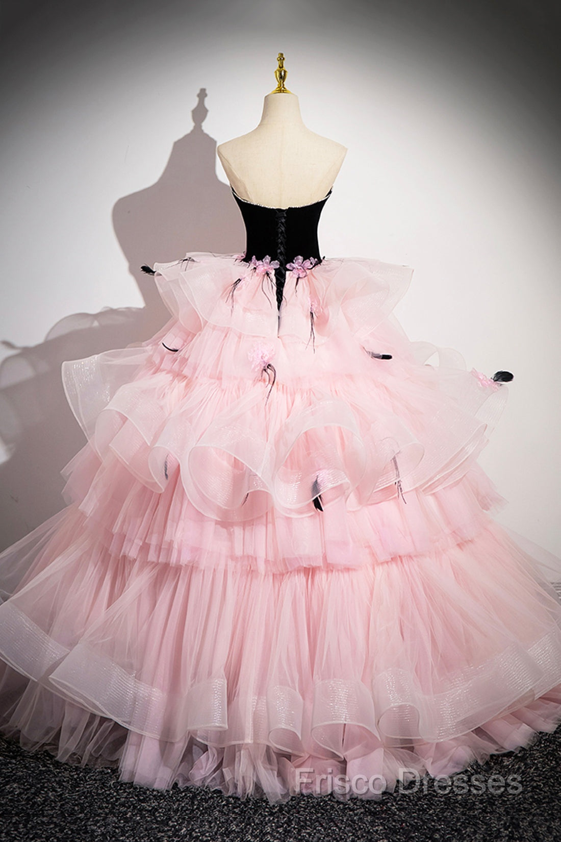 Black Velvet And Pink Tulle Strapless Ball Gown, Pink Backless Ruffles Formal Dress