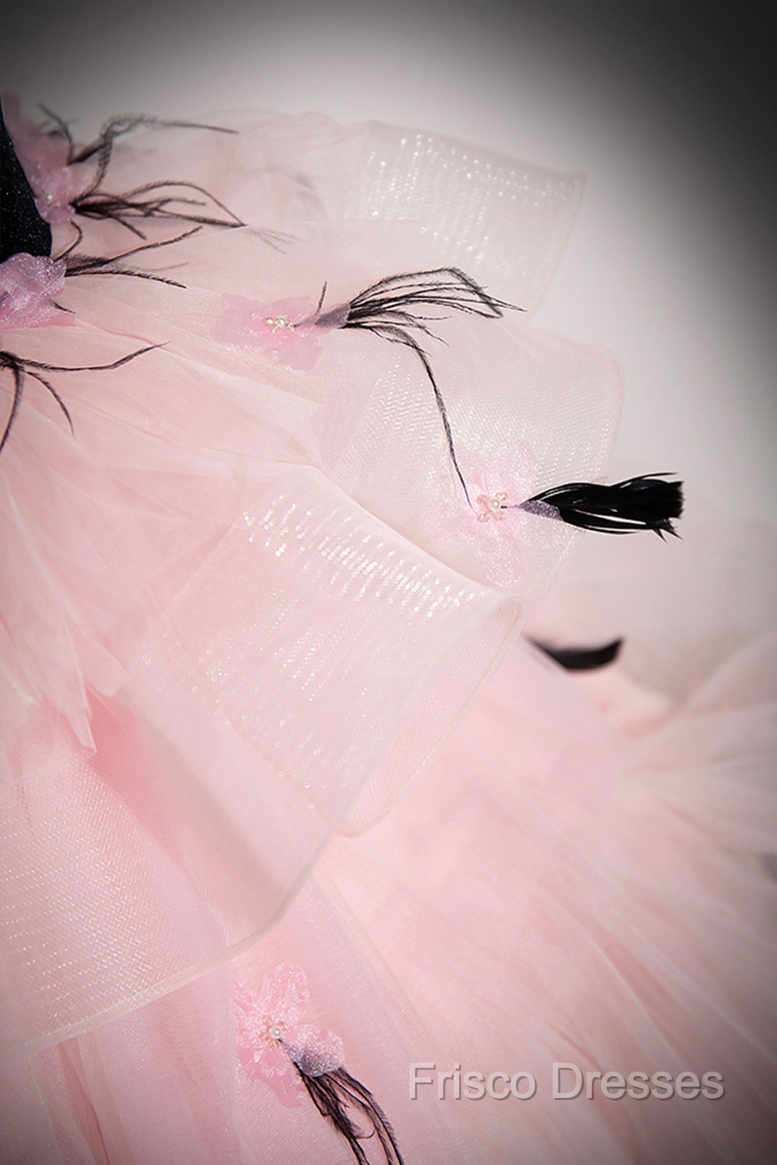 Black Velvet And Pink Tulle Strapless Ball Gown, Pink Backless Ruffles Formal Dress