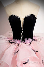Black Velvet And Pink Tulle Strapless Ball Gown, Pink Backless Ruffles Formal Dress