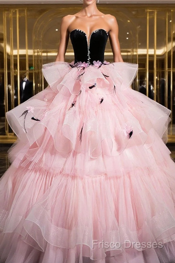 Black Velvet And Pink Tulle Strapless Ball Gown, Pink Backless Ruffles Formal Dress Main image