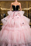 Black Velvet And Pink Tulle Strapless Ball Gown, Pink Backless Ruffles Formal Dress