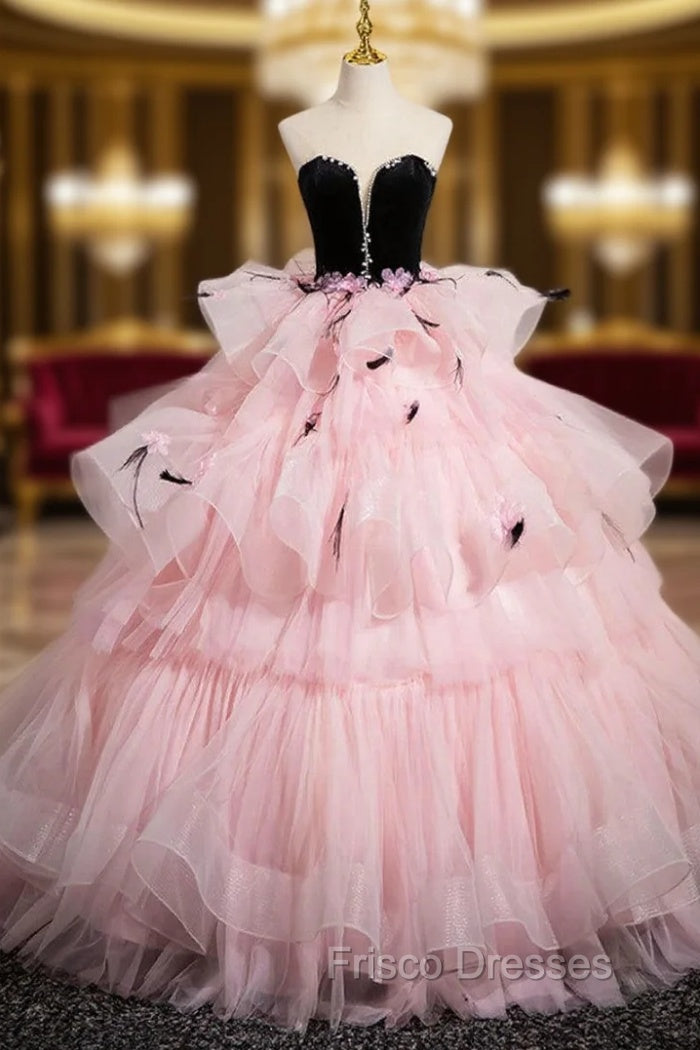 Black Velvet and Pink Tulle Strapless Formal Prom Dress Main image