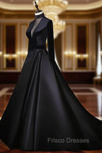 Black Velvet and Satin Long Sleeves See Through Back Formal Dress, Black Evening Dress