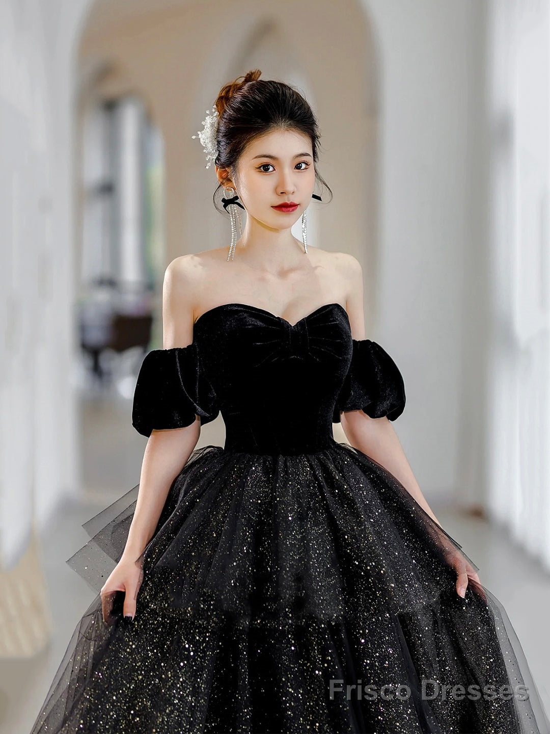 Black Velvet And Tulle Layers Long Formal Dress, Black Sweetheart Neck Evening Party Dress Secondary image