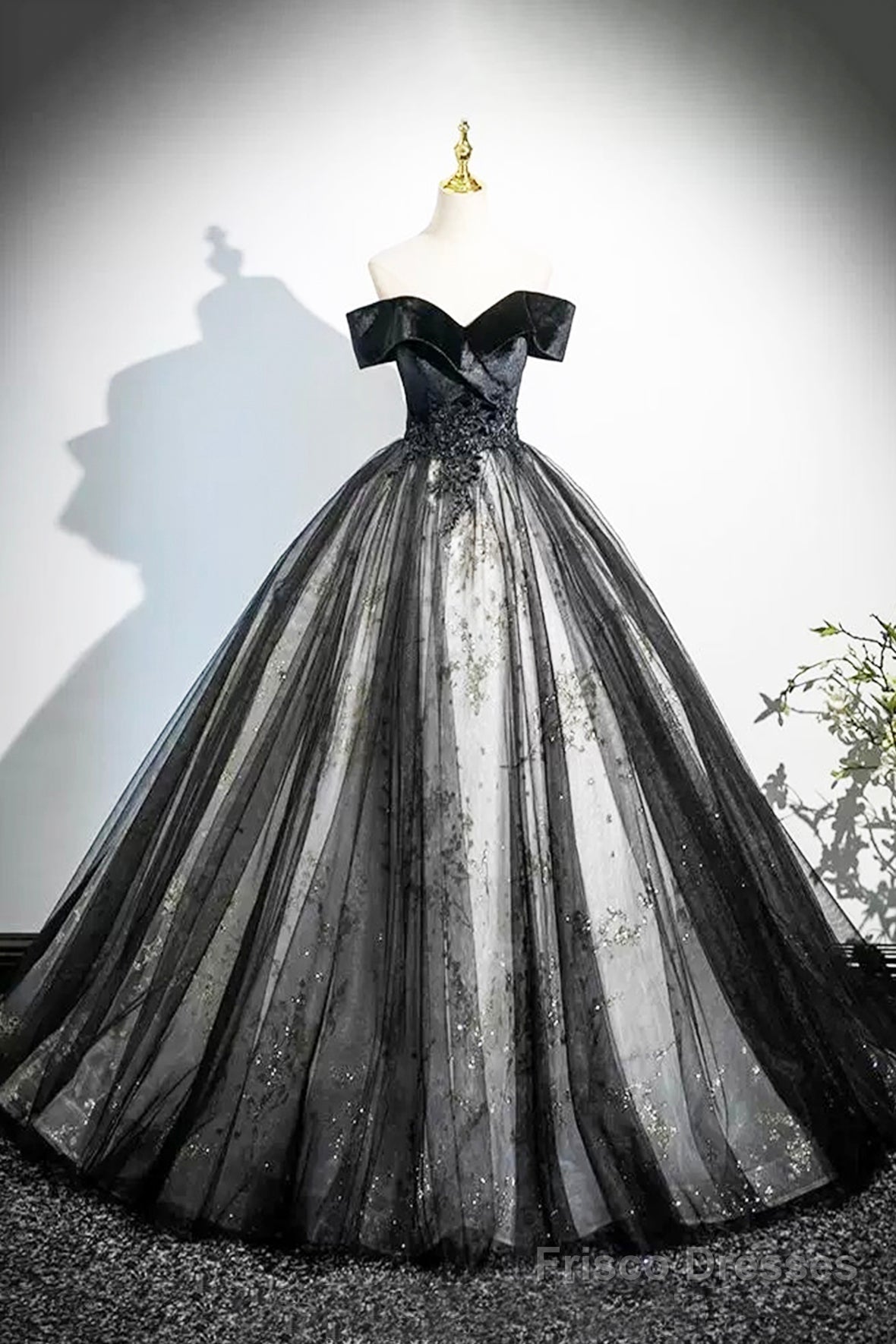 Black Velvet And Tulle Long Prom Dress, Elegant Off The Shoulder Party Dress Main image