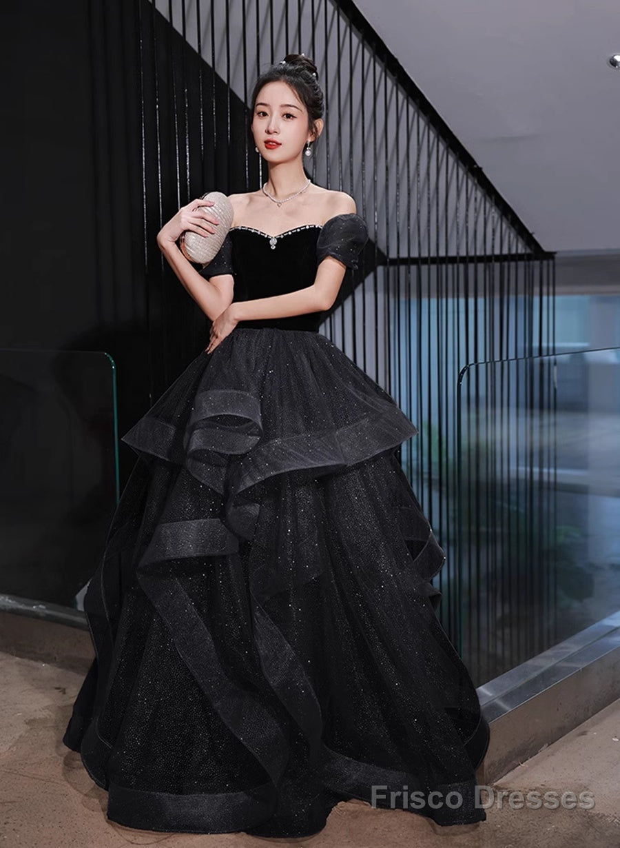 Black Velvet And Tulle Off Shoulder Long Formal Dress, Black Evening Dress Party Dress Main image