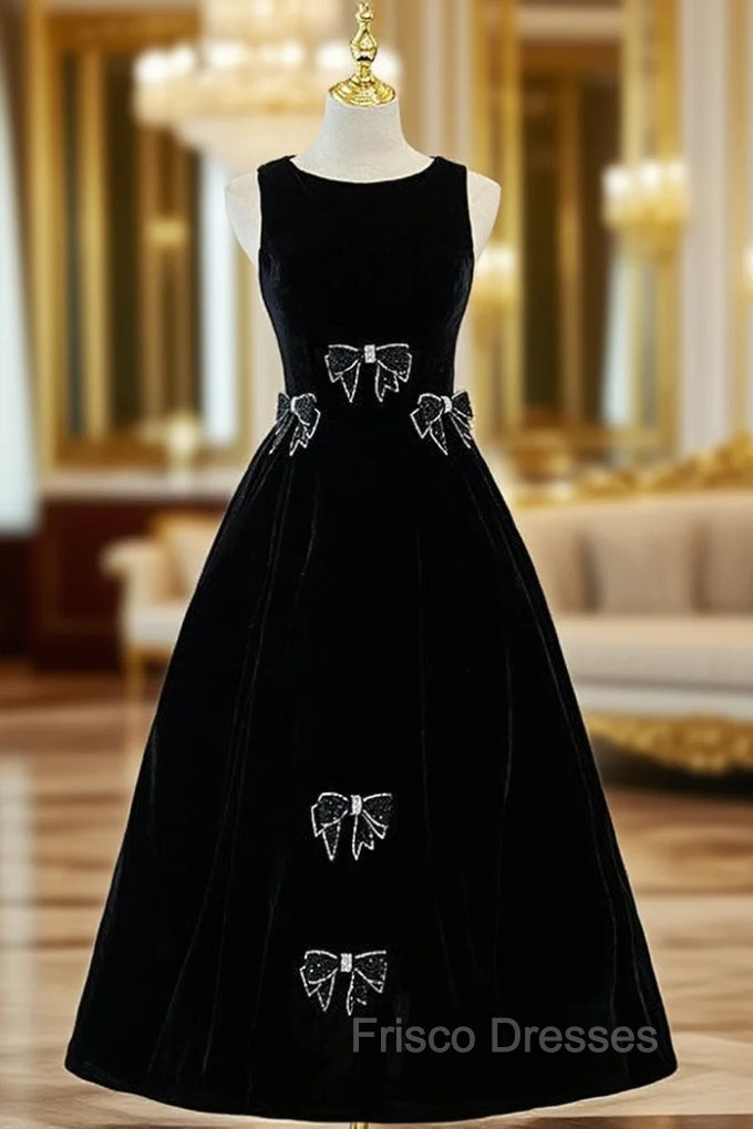 Black Velvet Backless Tea Length Beading Formal Prom Dress Main image