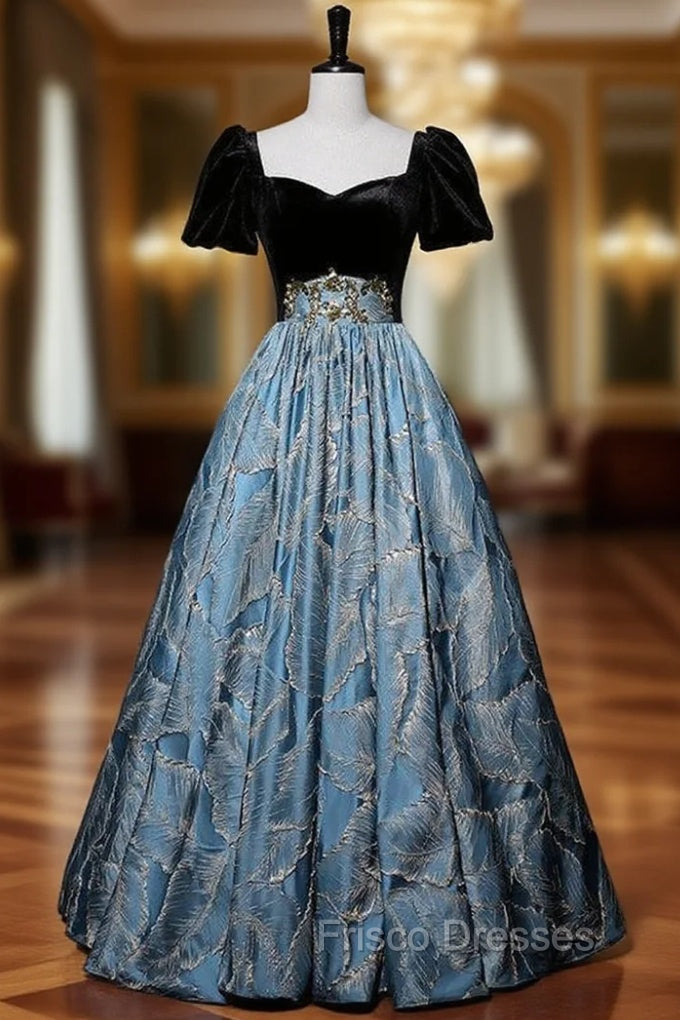 Black Velvet Blue Leaf Short Sleeve Formal Prom Dress Main image