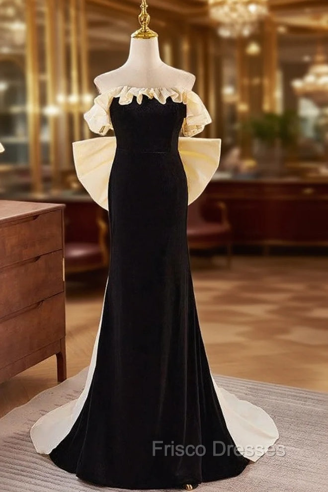 Black Velvet Champagne Bow Strapless Formal Prom Dress
