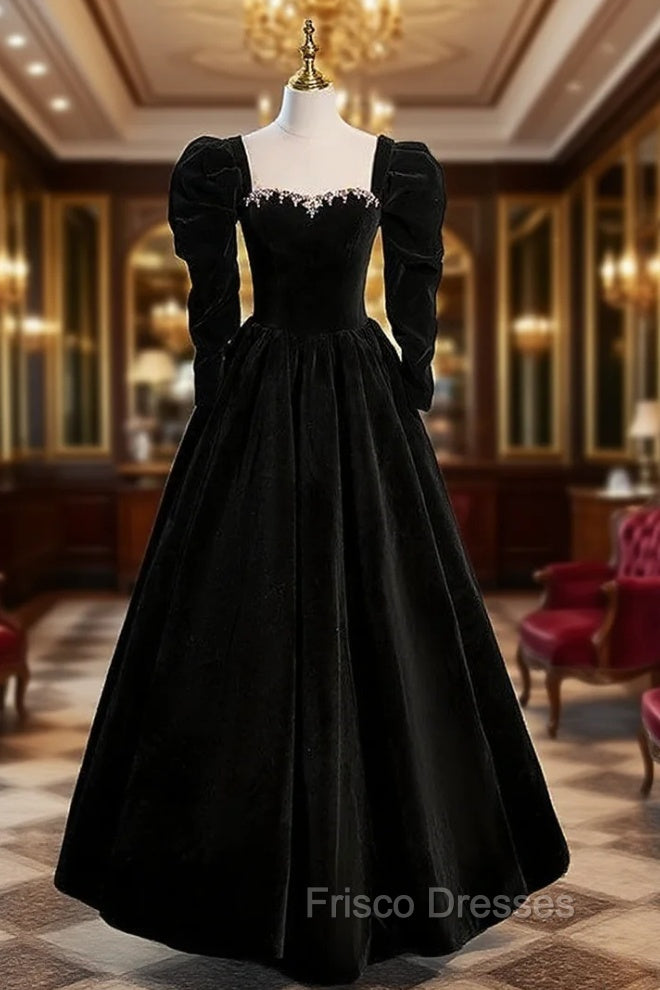 Black Velvet Crystal Formal Prom Dress With Detachable Sleeve Main image
