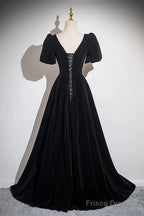 Black Velvet Floor Length Prom Dress, A-Line Short Sleeve Evening Party Dress