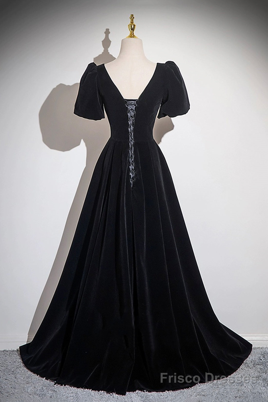 Black Velvet Floor Length Prom Dress, A-Line Short Sleeve Evening Party Dress