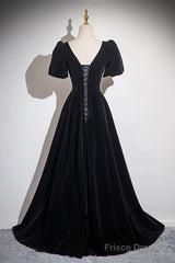 Black Velvet Floor Length Prom Dress, A-Line Short Sleeve Evening Party Dress