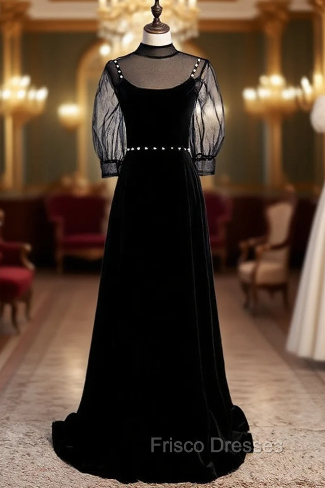 Black Velvet High Short Sleeve Backless Beading Formal Prom Dress Main image