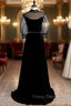 Black Velvet High Short Sleeve Backless Beading Formal Prom Dress