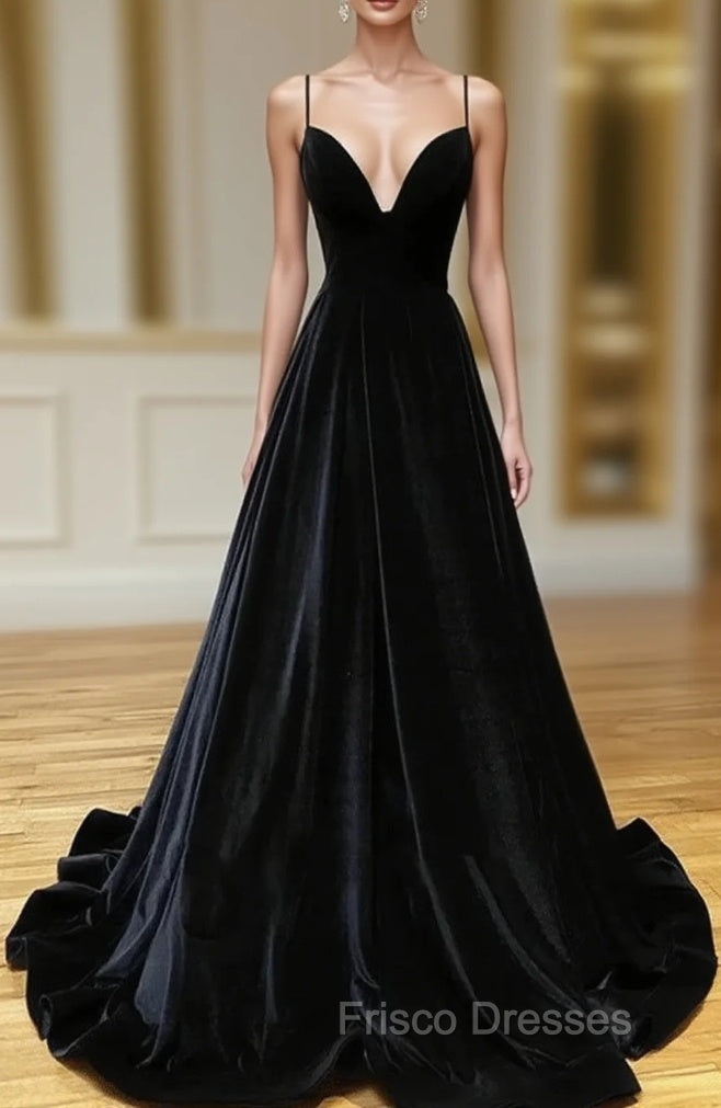 Black Velvet Long A-line Low Back Formal Prom Dress Black V Neck Wedding Party Dress Formal Prom Dress shops Main image
