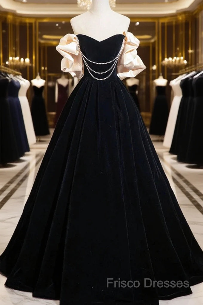 Black Velvet Long A-Line Formal Prom Dress, Off The Shoulder Formal Party Dress Main image