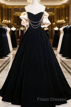 Black Velvet Long A-Line Formal Prom Dress, Off The Shoulder Formal Party Dress