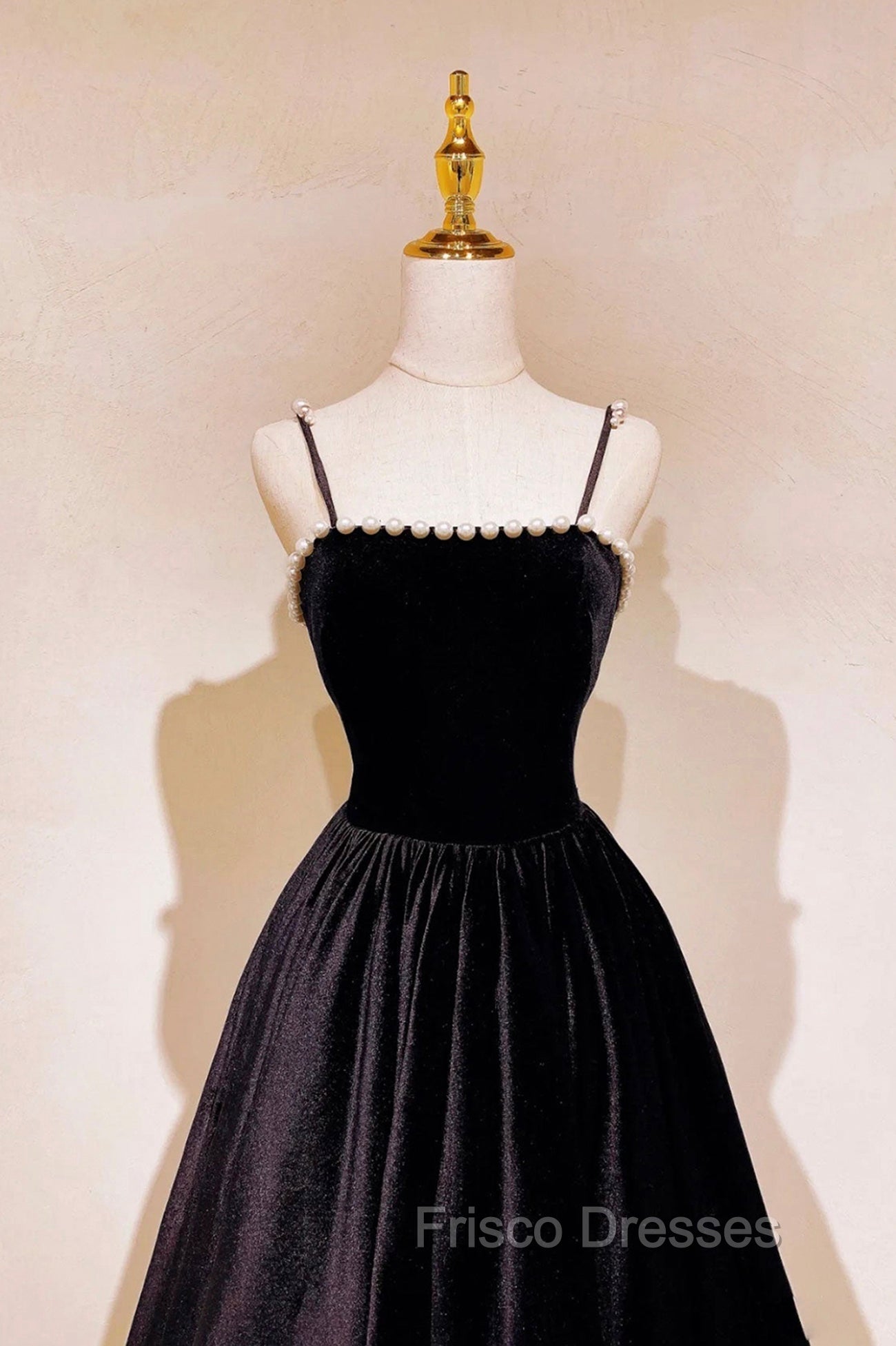 Black Velvet Long Formal Prom Dress with Pearls, Black Spaghetti Straps Evening Party Dress Secondary image