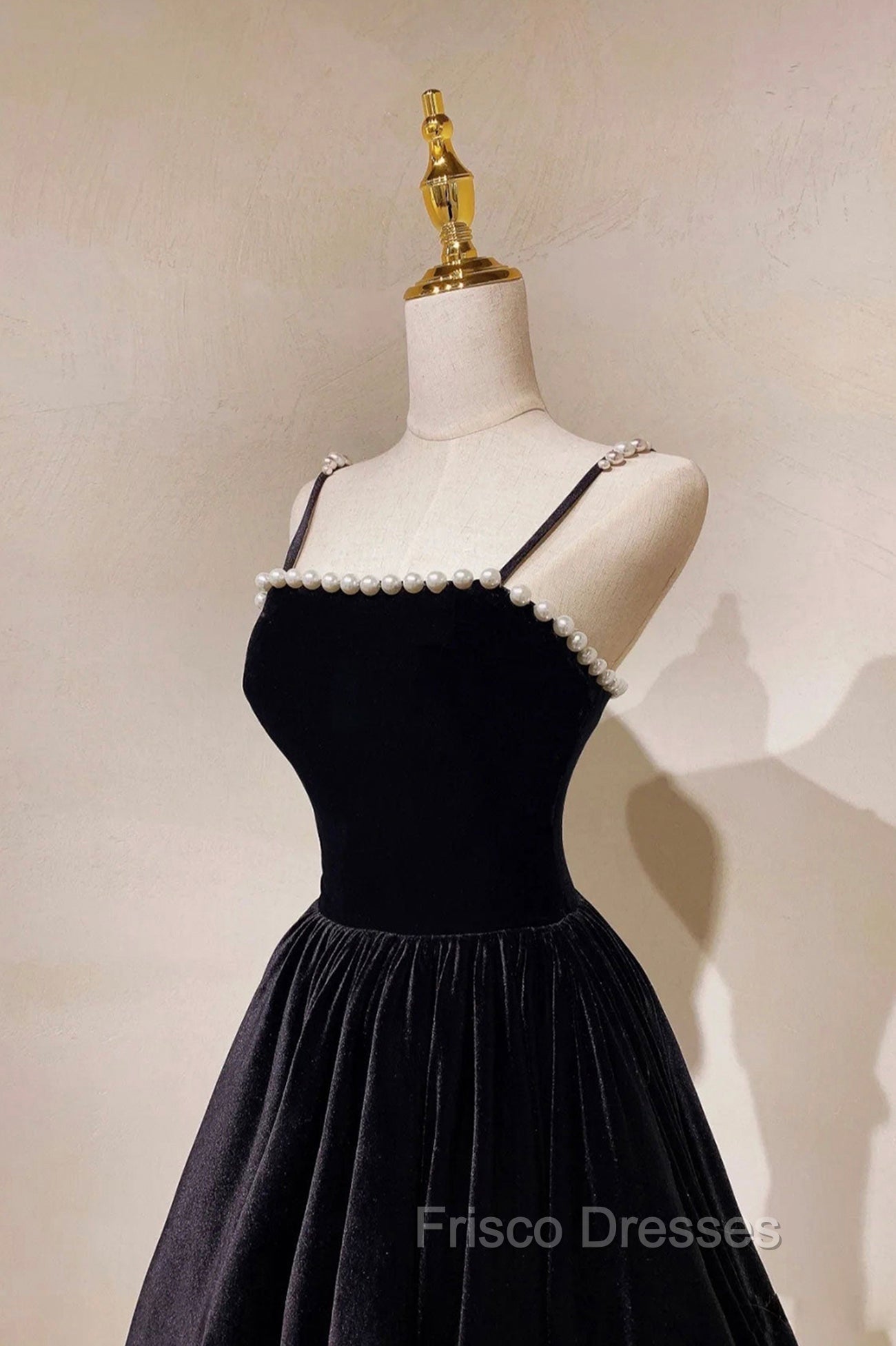 Black Velvet Long Formal Prom Dress with Pearls, Black Spaghetti Straps Evening Party Dress