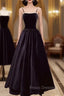 Black Velvet Long Formal Prom Dress with Pearls, Black Spaghetti Straps Evening Party Dress