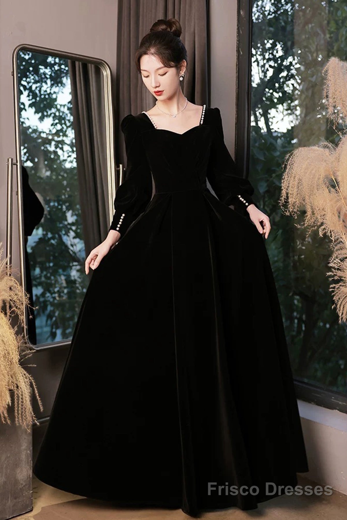 Black Velvet Long Sleeve Party Dress, A-Line Floor Length Formal Evening Dress Main image