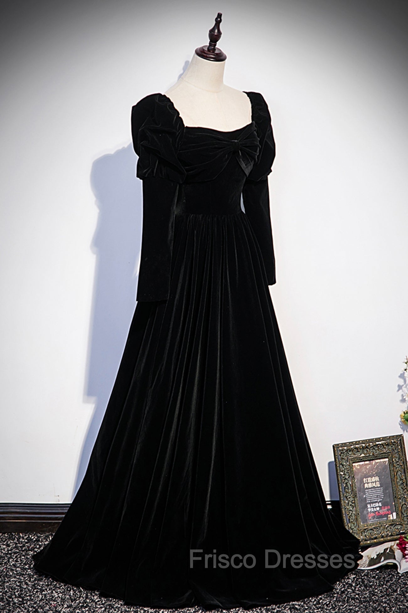 Black Velvet Long Sleeve Formal Prom Dress, A-Line Evening Party Dress Secondary image
