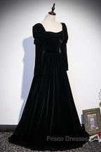 Black Velvet Long Sleeve Formal Prom Dress, A-Line Evening Party Dress