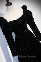 Black Velvet Long Sleeve Formal Prom Dress, A-Line Evening Party Dress