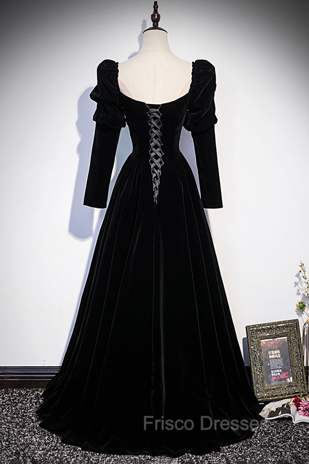 Black Velvet Long Sleeve Formal Prom Dress, A-Line Evening Party Dress