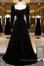 Black Velvet Long Sleeve Formal Prom Dress, A-Line Evening Party Dress