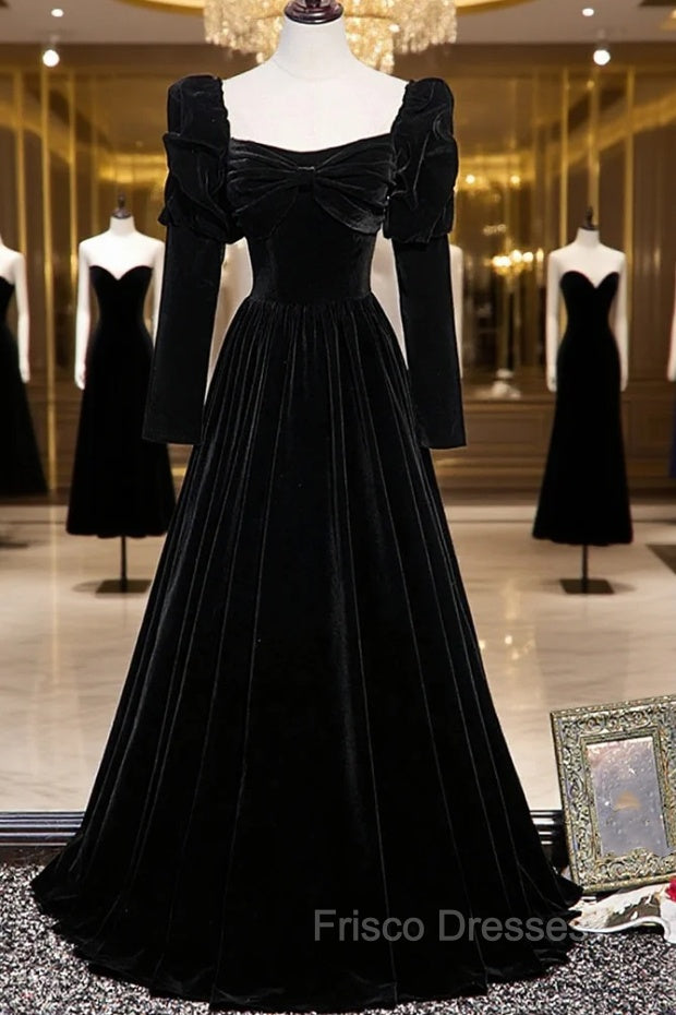 Black Velvet Long Sleeve Formal Prom Dress, A-Line Evening Party Dress