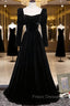 Black Velvet Long Sleeve Formal Prom Dress, A-Line Evening Party Dress