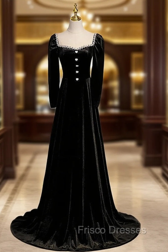 Black Velvet Long Sleeve Square Beading Formal Prom Dress Main image