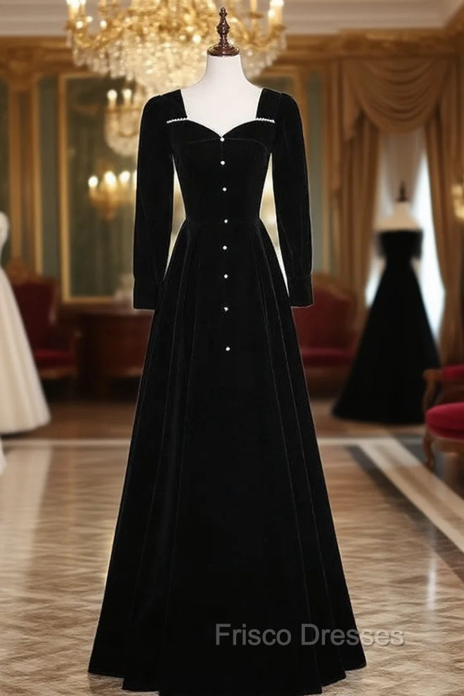 Black Velvet Long Sleeve Square Neck Formal Prom Dress Main image