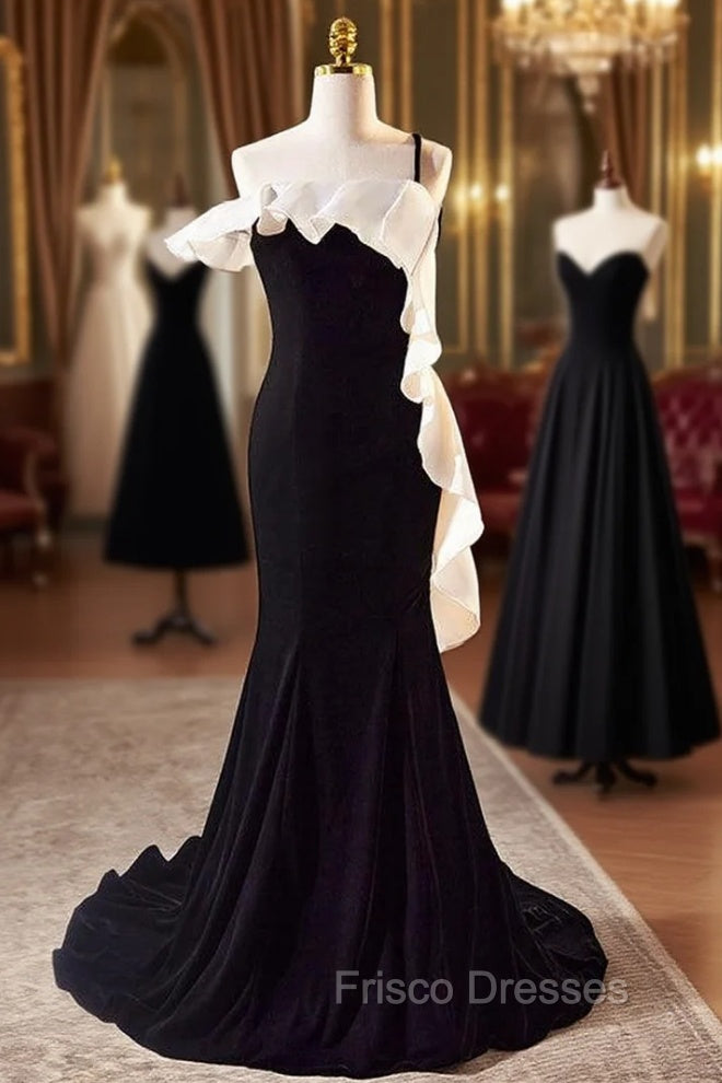 Black Velvet Mermaid One Straps Formal Prom Dress