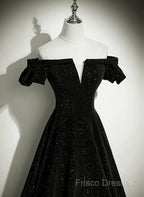 Black Velvet Off Shoulder A-Line Long Formal Prom Dress, Black Simple Wedding Party Dress