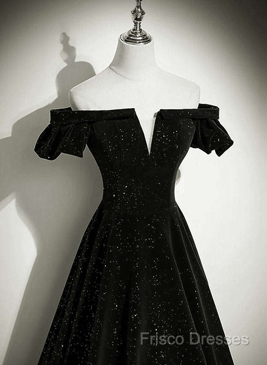 Black Velvet Off Shoulder A-Line Long Formal Prom Dress, Black Simple Wedding Party Dress