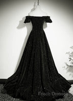 Black Velvet Off Shoulder A-Line Long Formal Prom Dress, Black Simple Wedding Party Dress