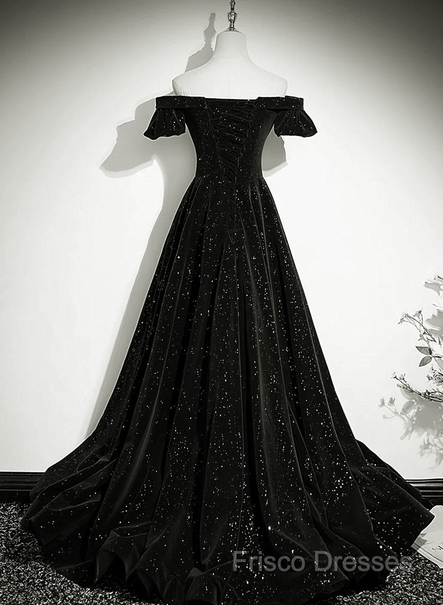 Black Velvet Off Shoulder A-Line Long Formal Prom Dress, Black Simple Wedding Party Dress