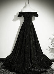 Black Velvet Off Shoulder A-Line Long Prom Dress, Black Simple Wedding Party Dress