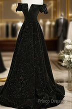 Black Velvet Off Shoulder A-Line Long Formal Prom Dress, Black Simple Wedding Party Dress
