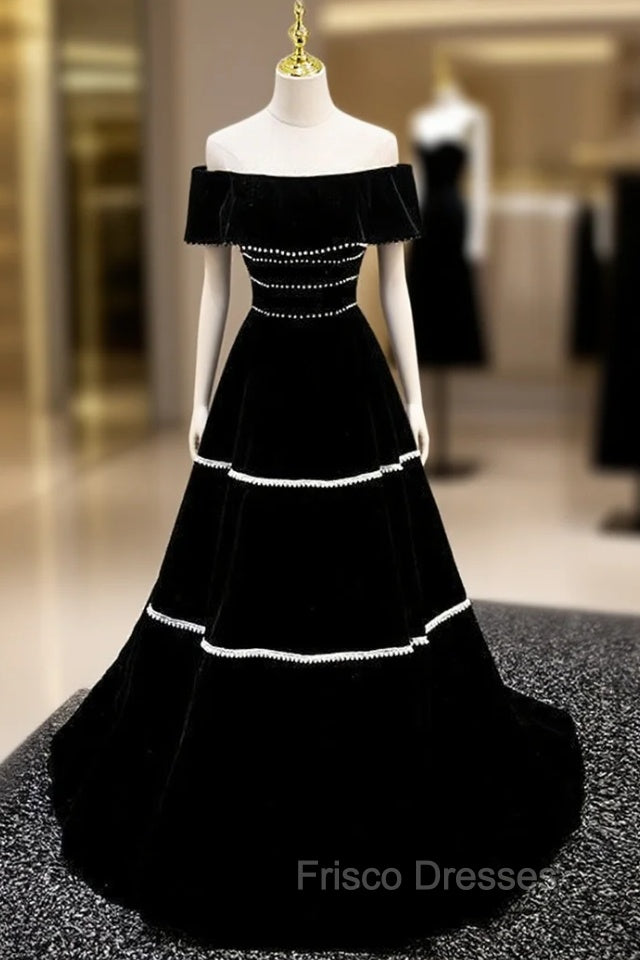 Black Velvet Off the Shoulder Pearls Formal Prom Dress Main image