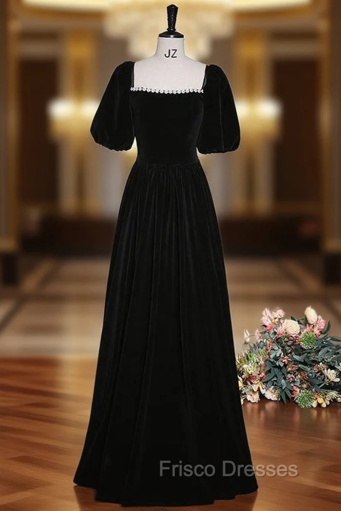 Black Velvet Puff Sleeve Pearls Formal Prom Dress Main image