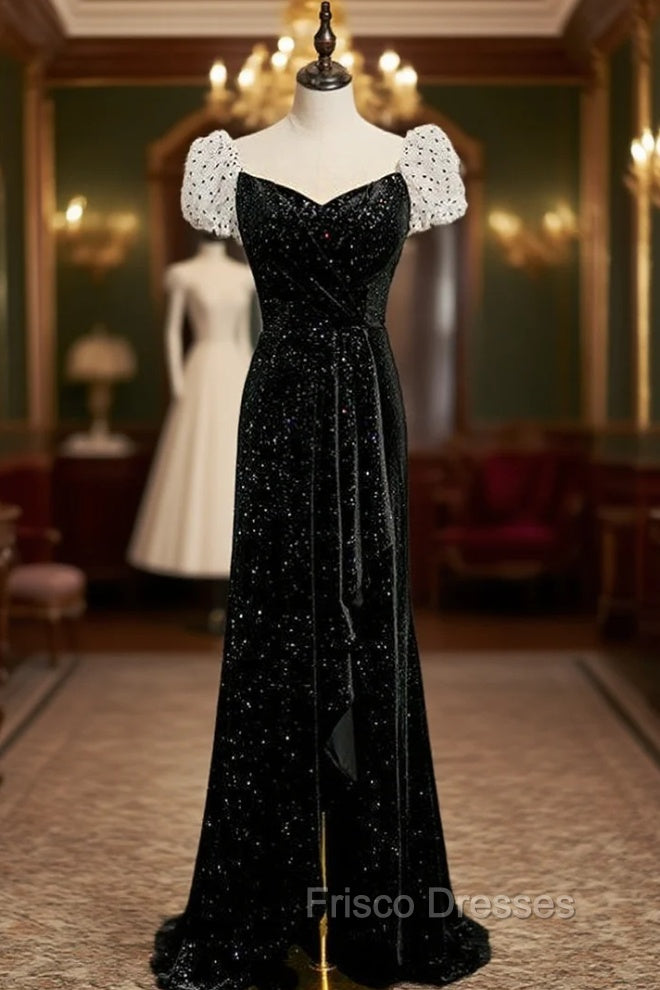 Black Velvet Puff Sleeve Pleats Formal Prom Dress With Split